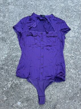 Sisley 97% Silk Purple Tie-Neck Bodysuit Top Y2K Button Front M/L